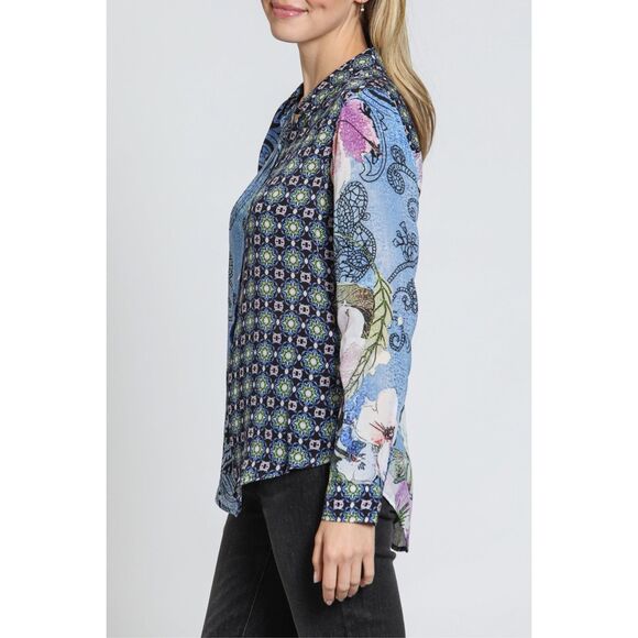 APNY Button Up Silky Blouse with Roll Up Sleeve Paisley Patchwork New Size Mediu - Picture 3 of 10